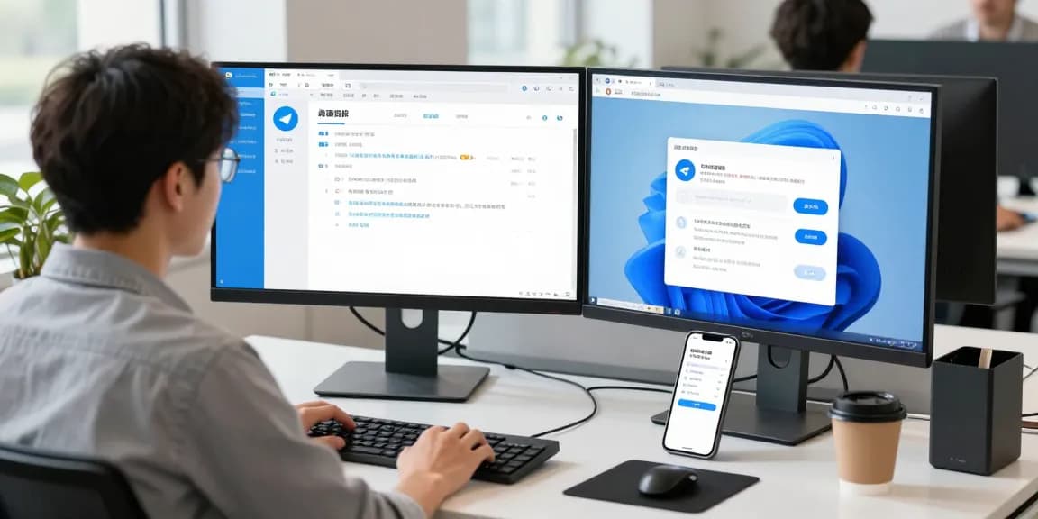 Telegram Chinese user interface setup on a dual monitor in a modern workspace