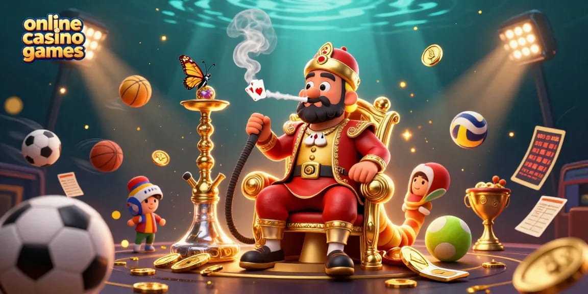 Engage with online casino games in a vibrant 3D scene featuring a colorful caterpillar and sports elements.