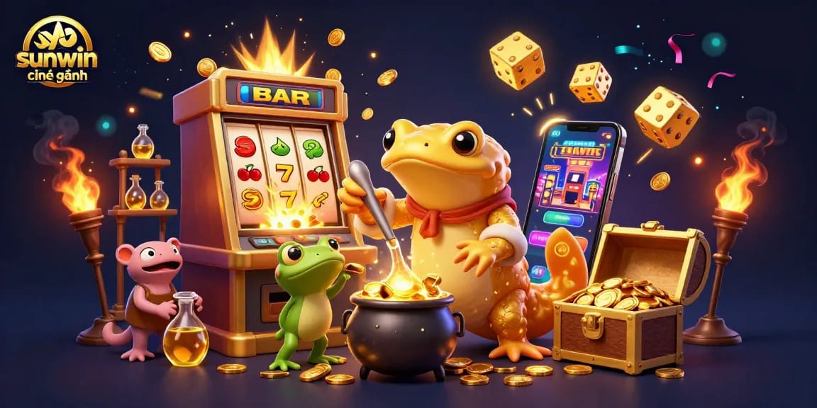 Experience sunwin chính hãng with a vibrant 3D casino scene featuring magical elements and jackpots.