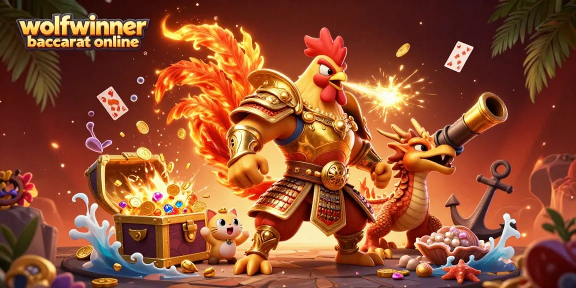 Engage with wolfwinner baccarat online in a vibrant, animated scene featuring fighting rooster and dragon hatchling.