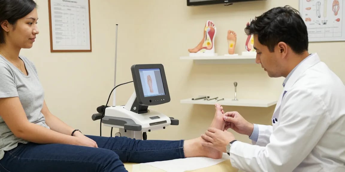 Podiatry equipment being used by a podiatrist during a foot examination.