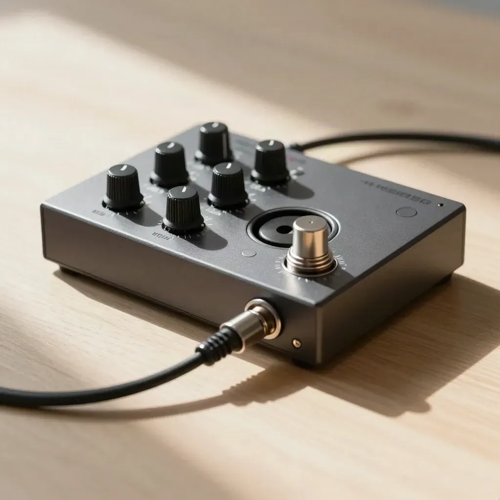 Top-down audio interface on pale oak with cable and soft daylight shadows.