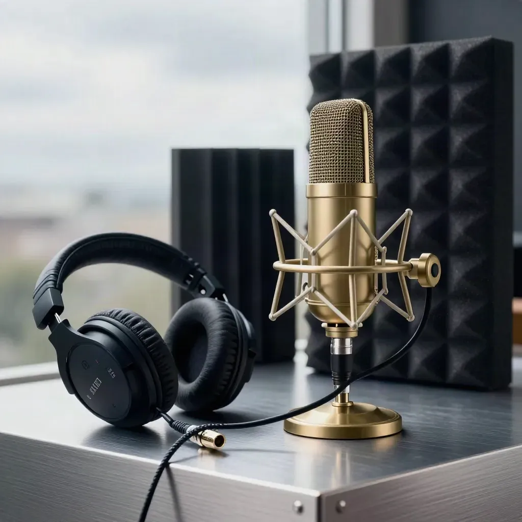 Brass microphone, headphones, cable, and foam baffle on brushed metal in soft studio light.