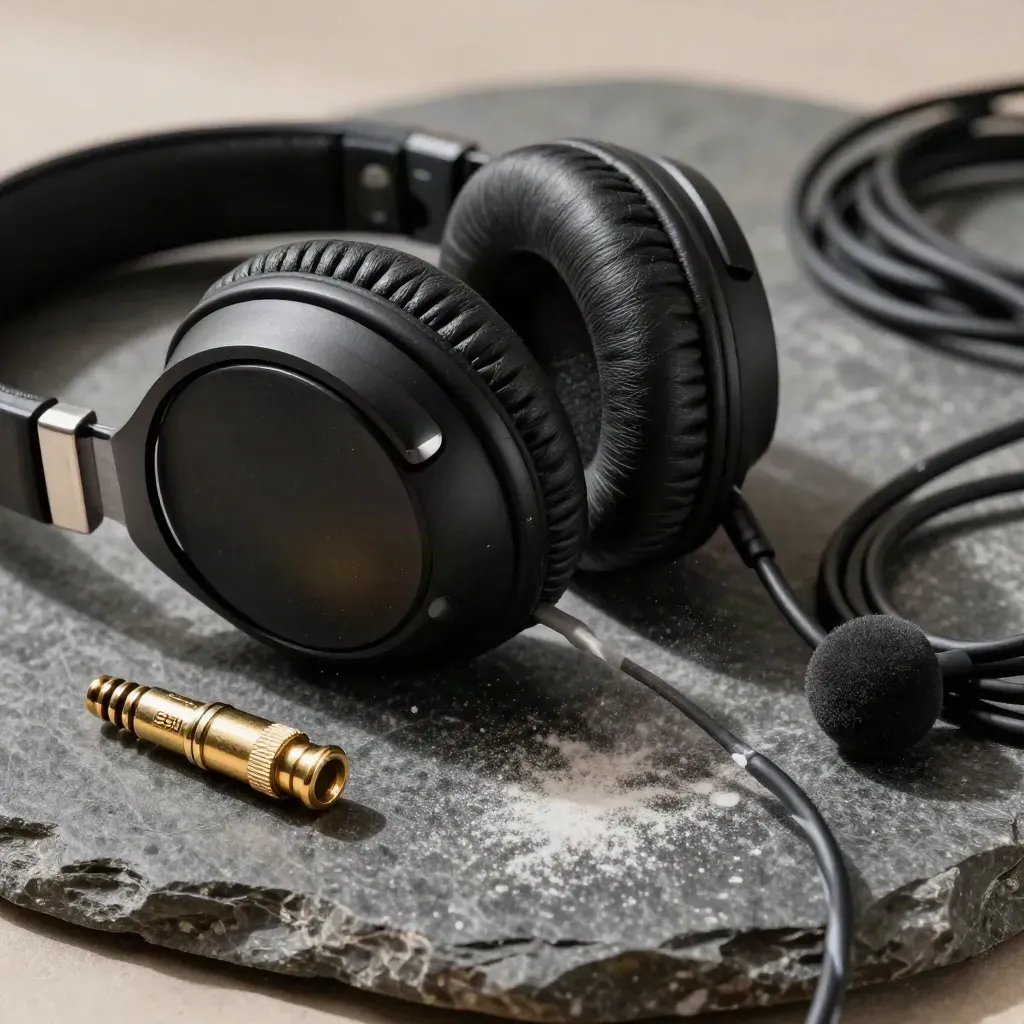 Over-ear headphones, brass adapter, and patch cable on dark stone in dramatic side light.