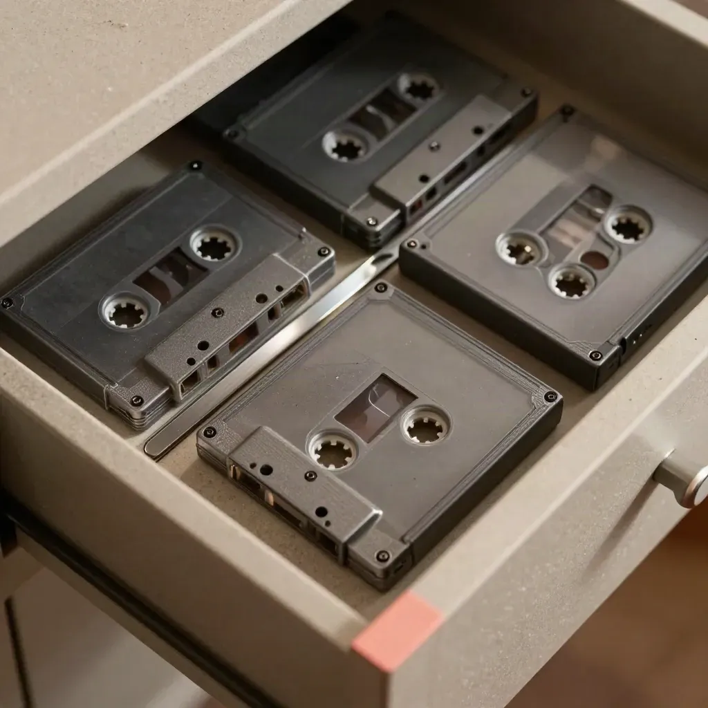 Overhead macro of cassette shells and a steel divider in a stone archive drawer.