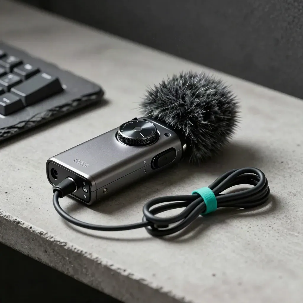 Field recorder, fur windscreen, and coiled cable on pale concrete with dramatic light.