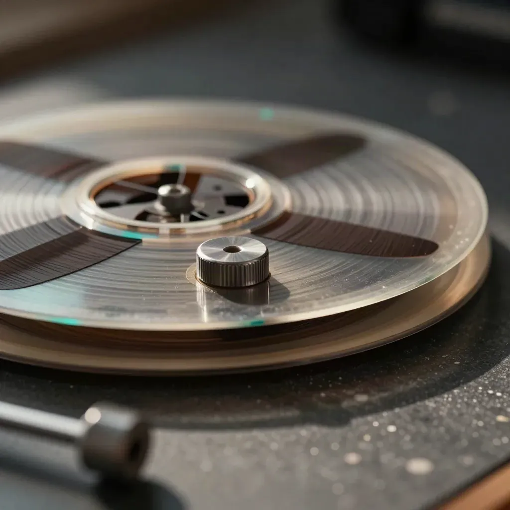 Macro reel-to-reel tape spool, leader curl, felt pad and metal reel on graphite stone.