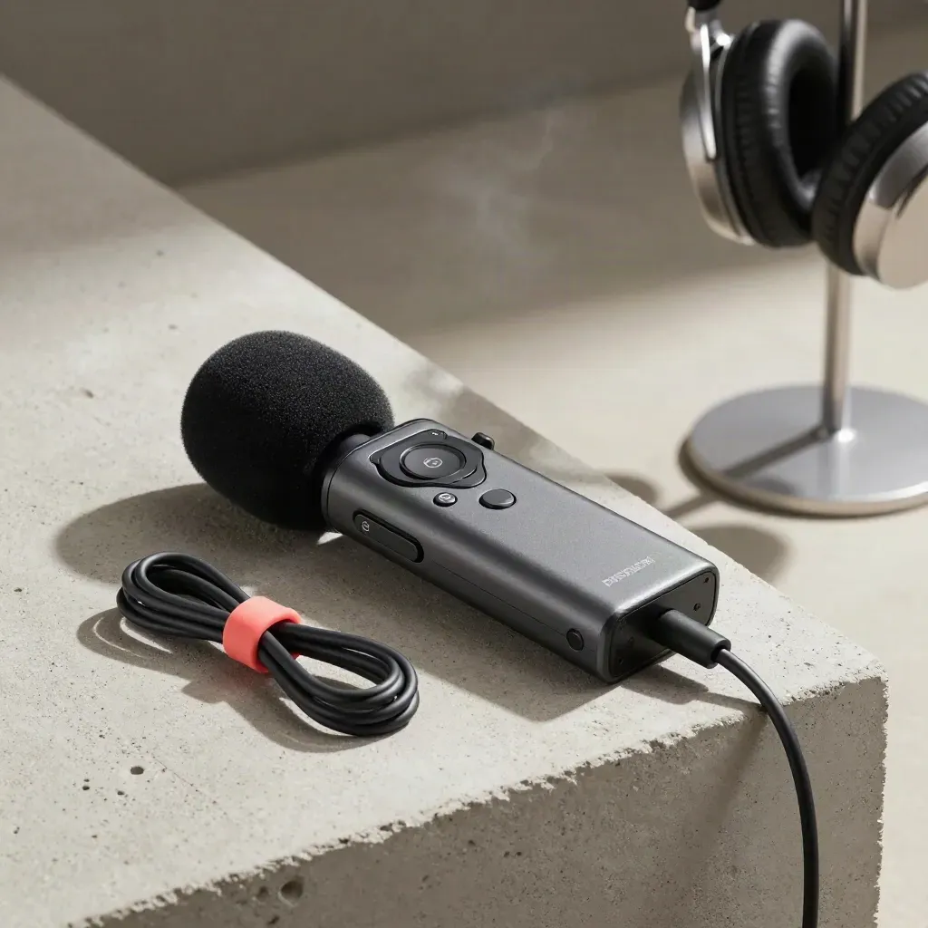 Podcast recorder, foam windscreen and cables on pale concrete with studio mist and coral ties.