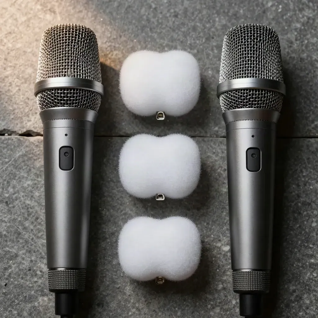 Overhead macro of two podcast microphones, foam insert and cable ferrule on brushed stone