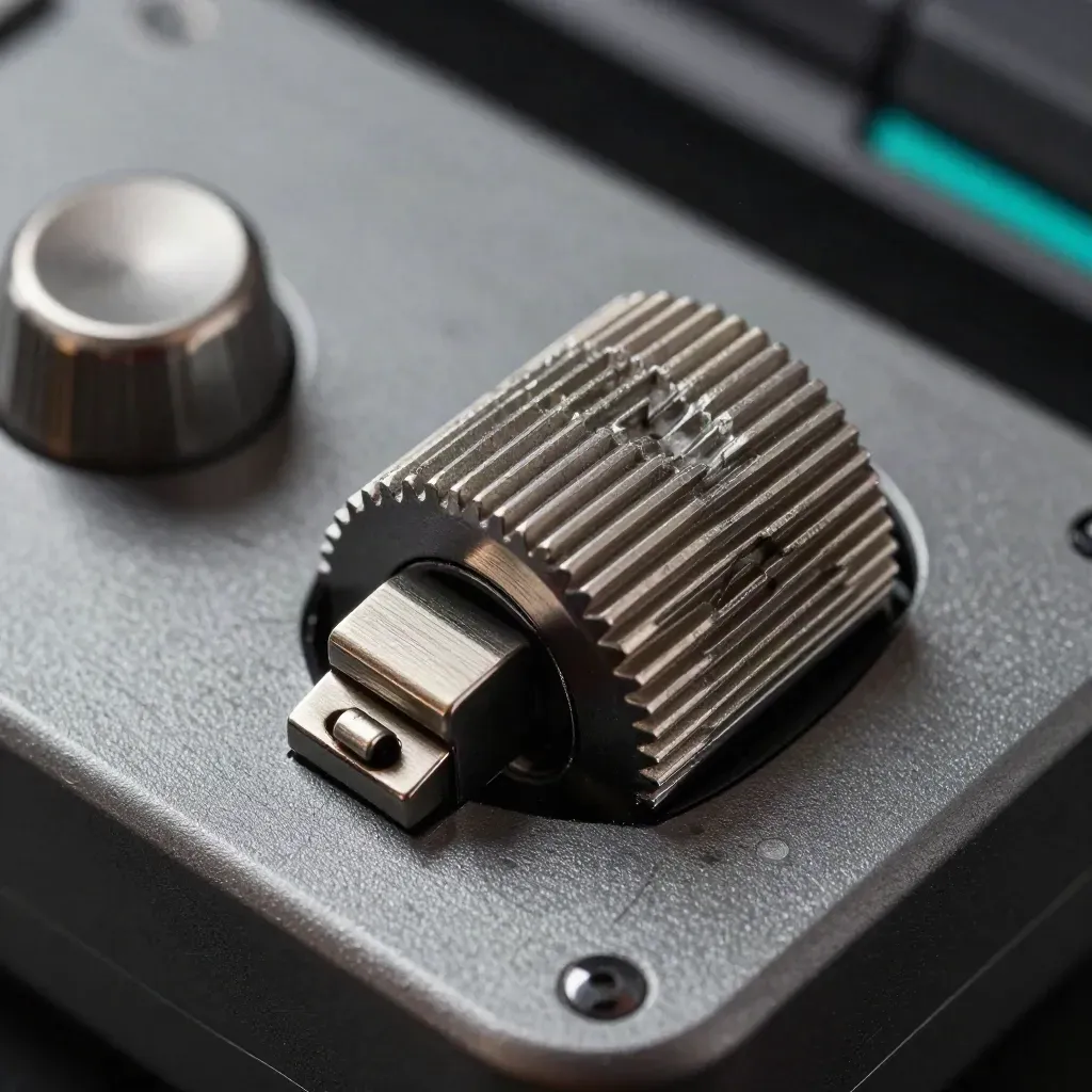Macro of a recorder selector wheel, detent rings, and cable clamp on graphite.
