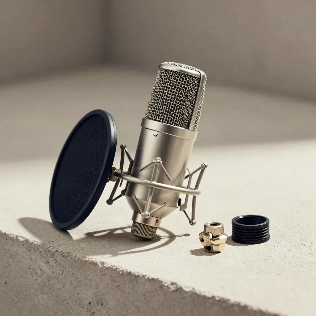 Microphone capsule in shock mount with pop filter frame and spare collars on pale concrete.