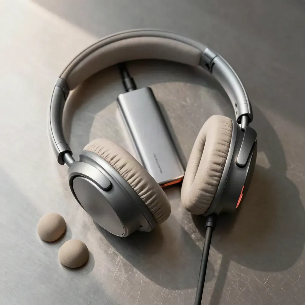 Top-down still life of headphones, splitter, and spare earpads on brushed metal.