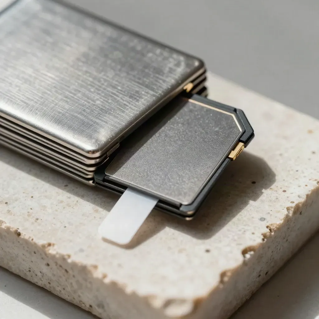 Extreme macro of memory cards in a metal case with bookmark clip and cable tie on pale stone.