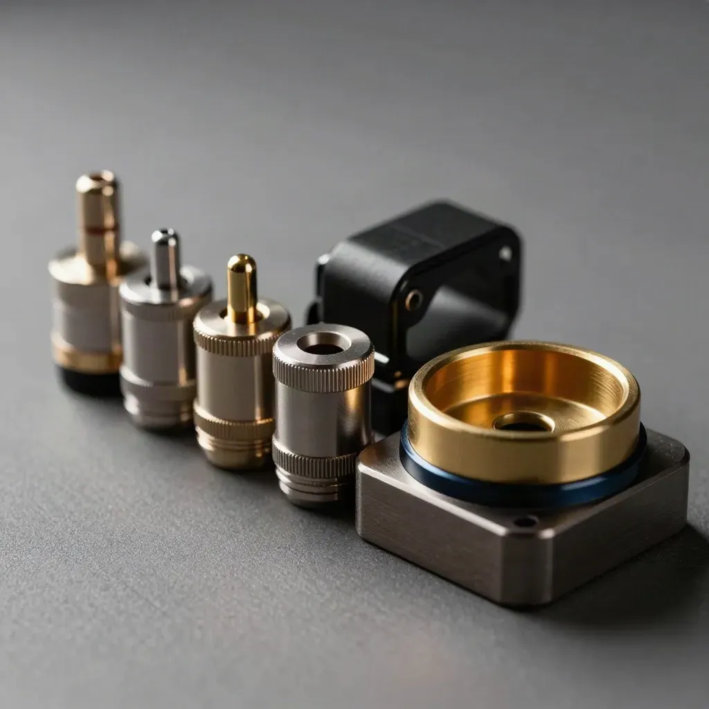 Diagonal row of audio adapters and a brass contact tray on brushed aluminum