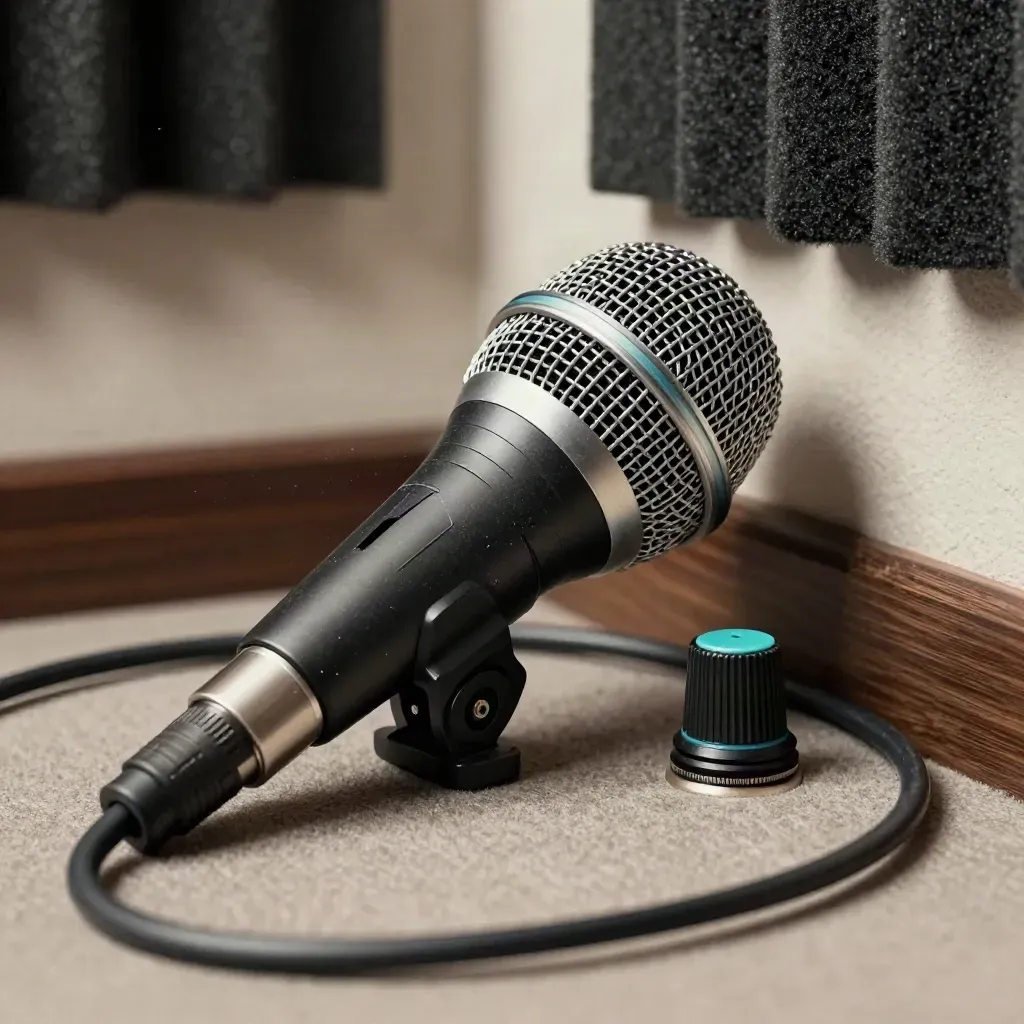 Macro of a handheld microphone, coiled cable, and audio interface knob in a home studio.