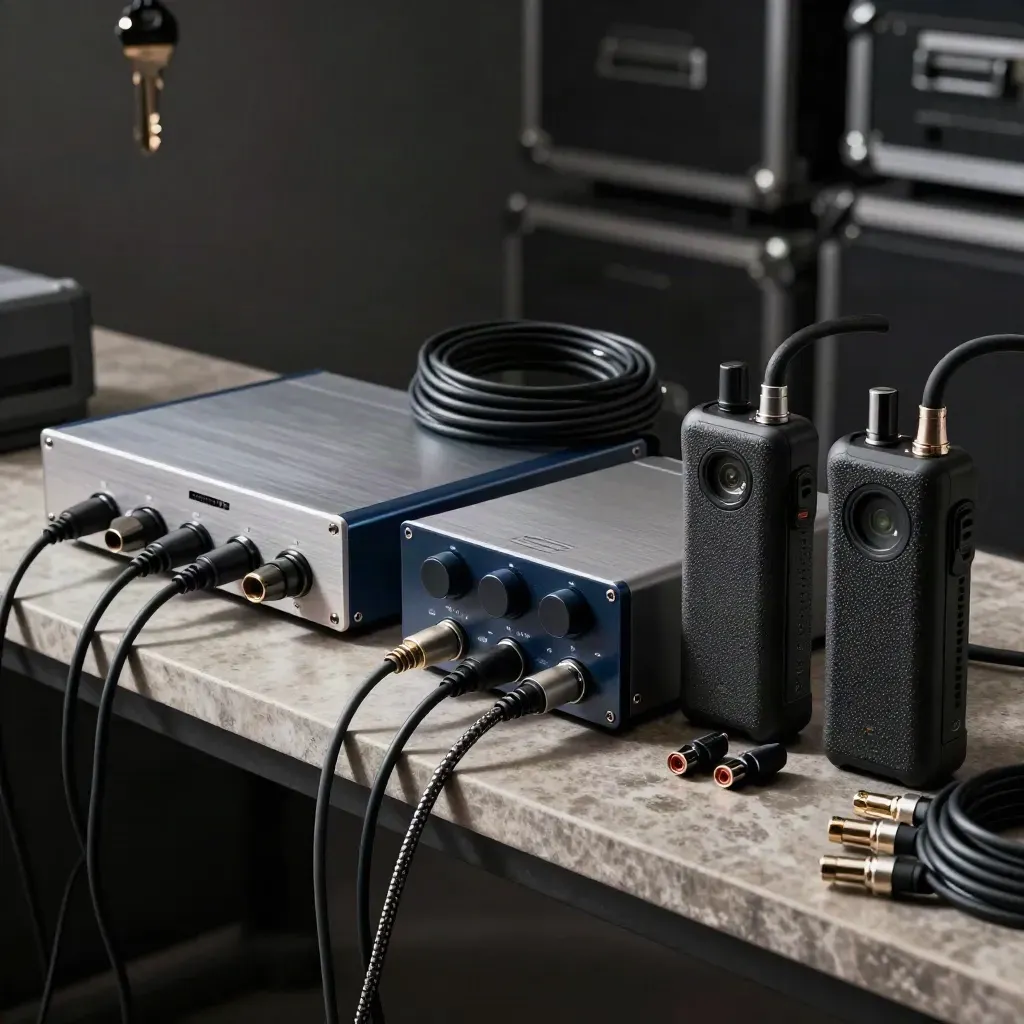 Podcast audio interfaces, recorders, and cables arranged on stone in dramatic studio light.
