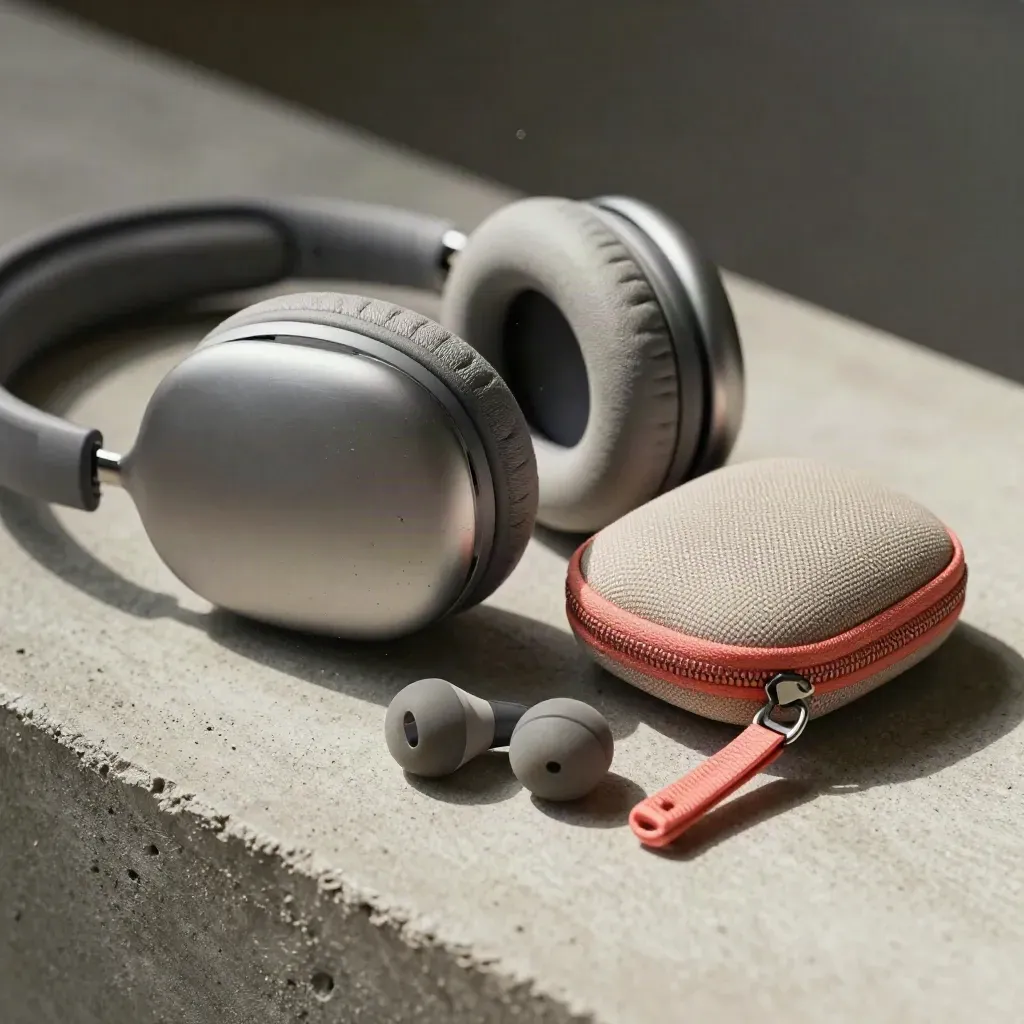 Open headphones, travel case, earbud tips and media sleeve on concrete, seen through a blurred grille.