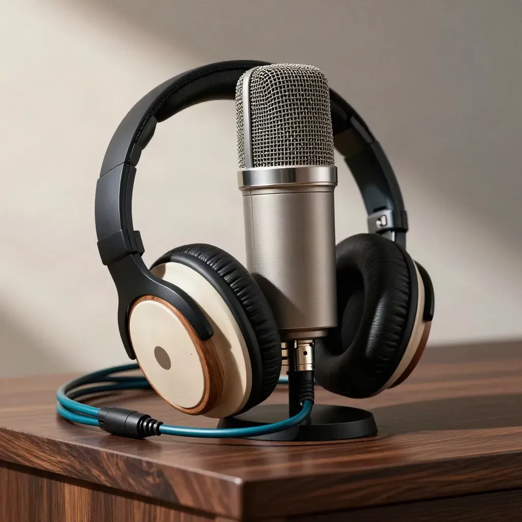 Broadcast microphone, headphones and coiled cable on walnut, lit dramatically against soft bokeh.