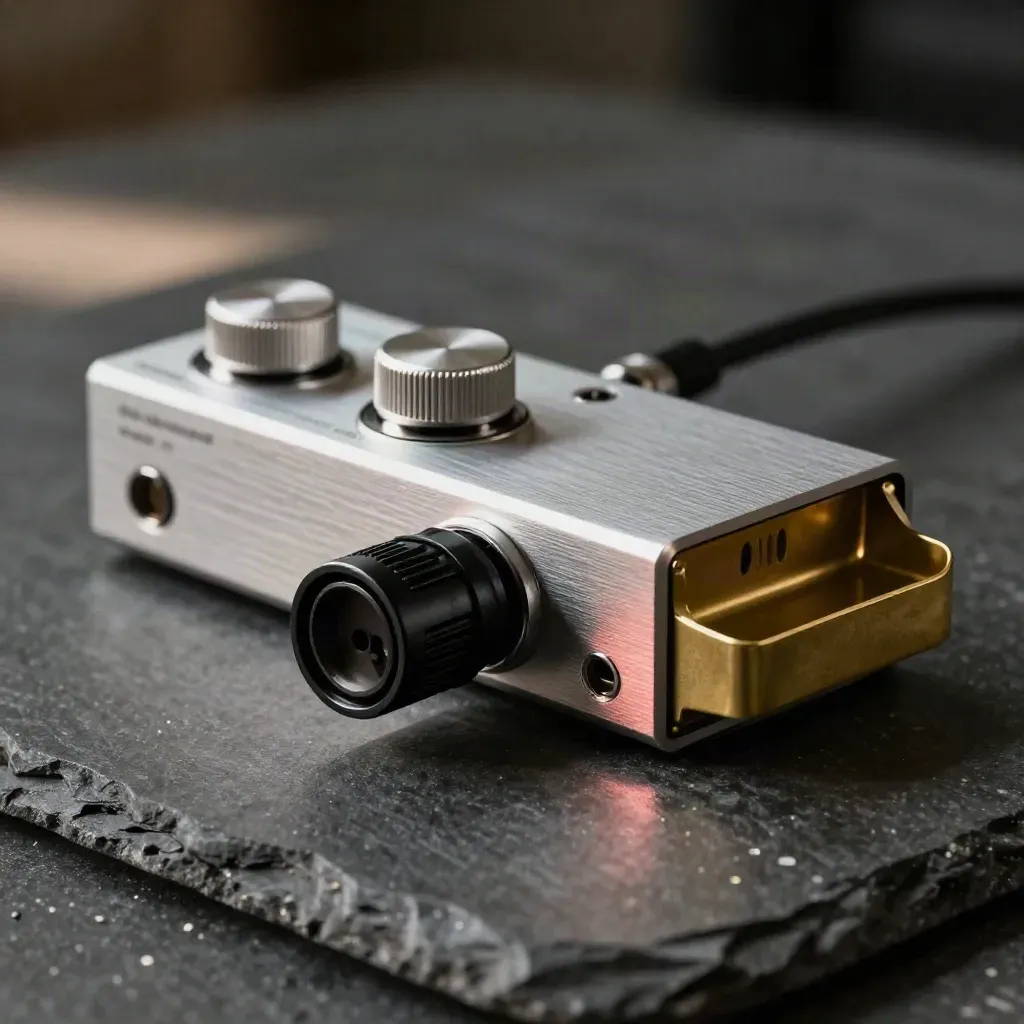 Polished audio interface, split XLR adapter and brass tray on dark stone.