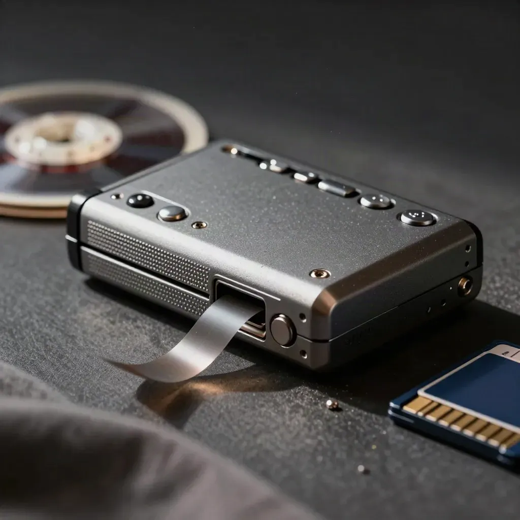 Recorder, archive tape loop and memory-card case on graphite with soft bokeh