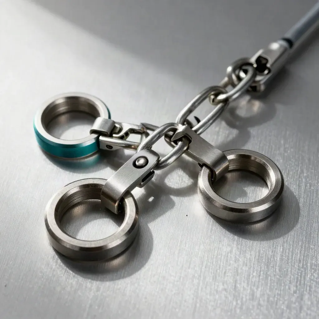 Macro flat lay of linked metal rings, cable adapters and clips on brushed aluminum.