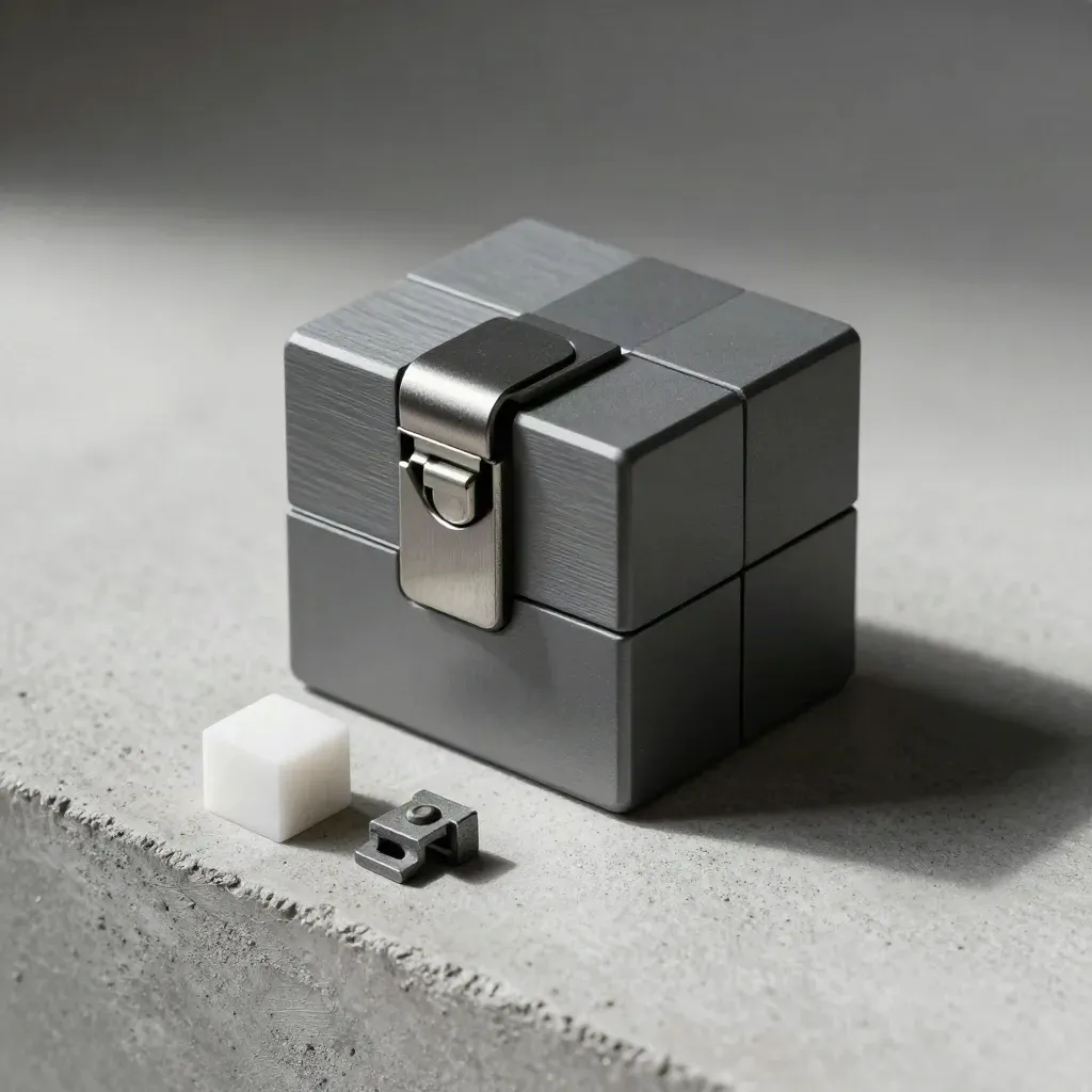 Matte graphite cubes and a magnetic clasp on pale concrete, lit from upper left.
