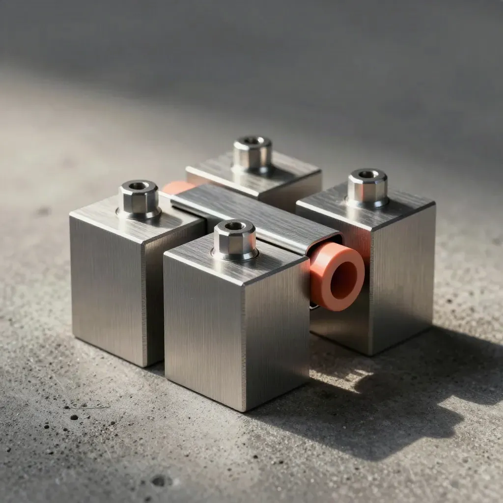 Aluminum blocks and hex standoffs linked by a connector bridge on matte concrete with a coral accent