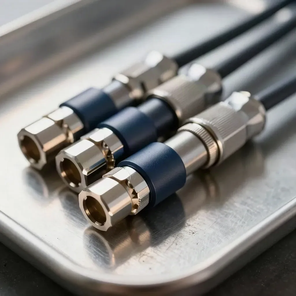 Macro of precision cable connectors aligned on brushed steel, one final piece seated flush