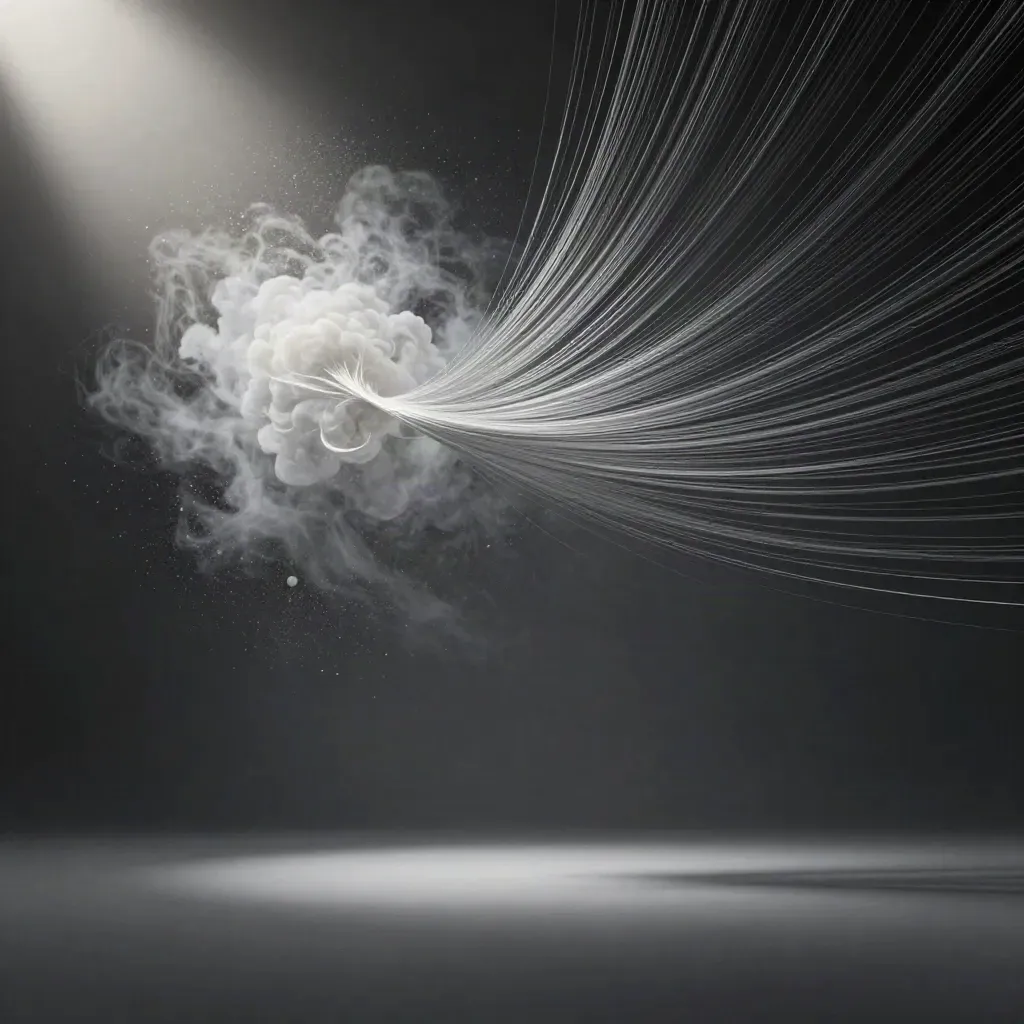 Silver light filaments converge into a white bloom in dark graphite haze with calm copy space.