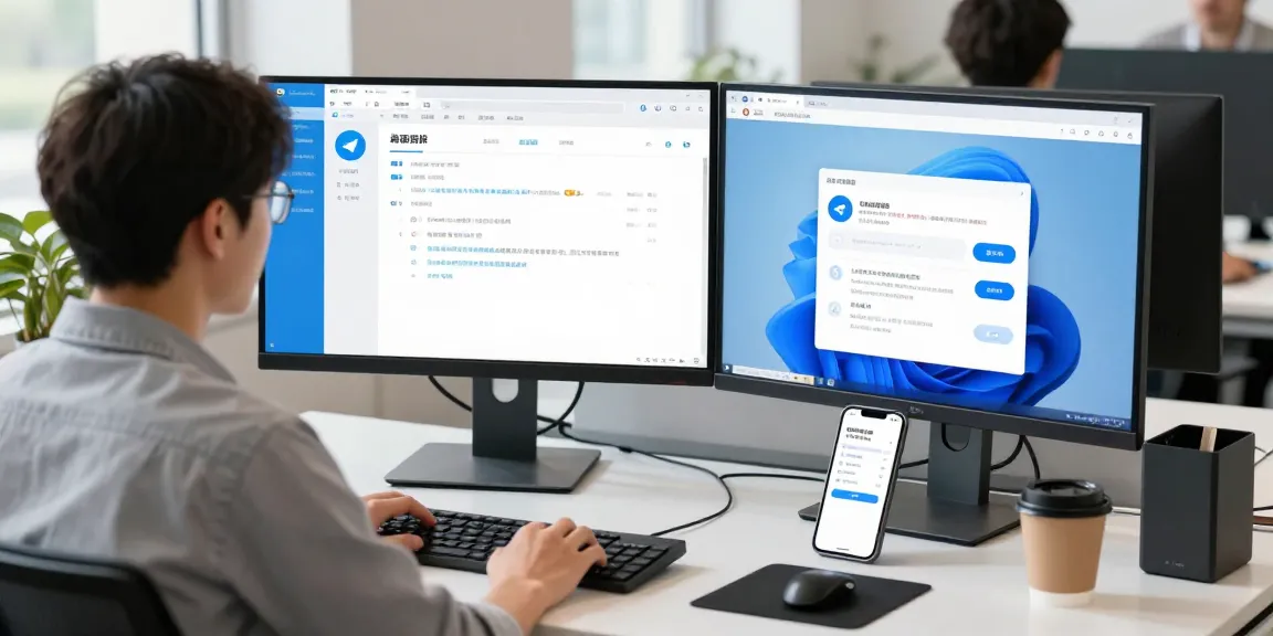 Telegram Chinese user interface setup on a dual monitor in a modern workspace